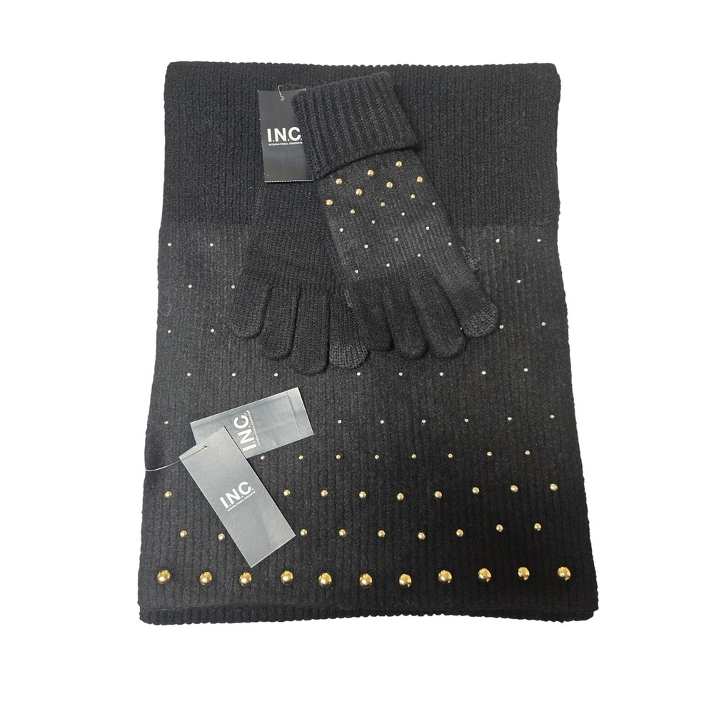 INC International Concepts Black Studded Convertible Wrap and Gloves Set NWT